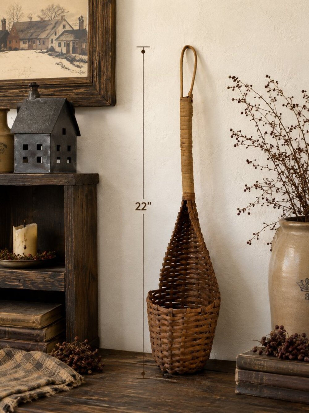Vintage Handwoven Teardrop Hanging Basket Wicker Reed Rustic Folk Art Decor 22"